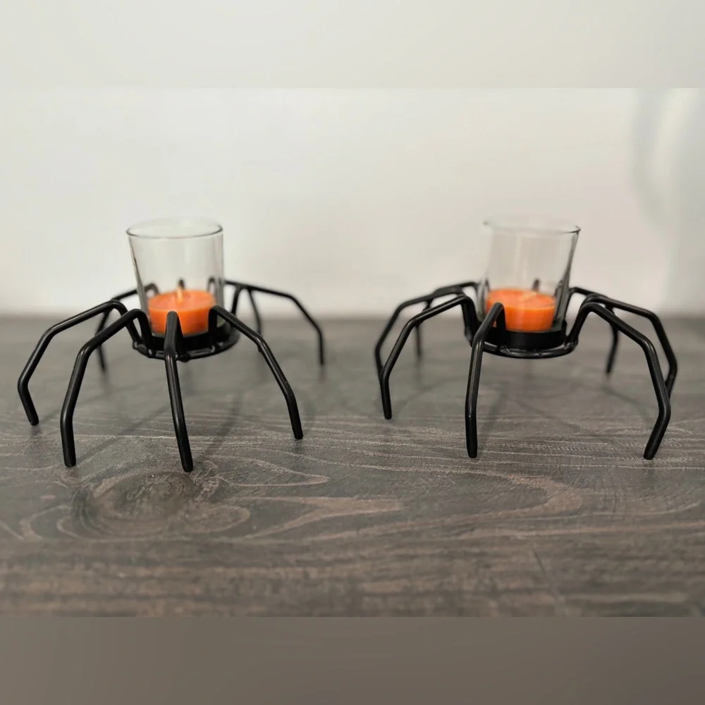 Halloween Black Metal Spider Tealight Candle Holder Set (2) - Picture 1 of 7